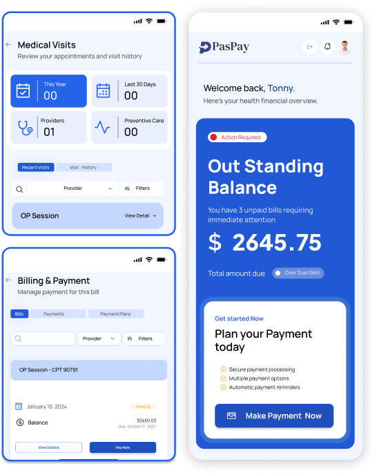 PasPay mobile app showing medical visits, billing and payment management, and dashboard interfaces for healthcare financial management